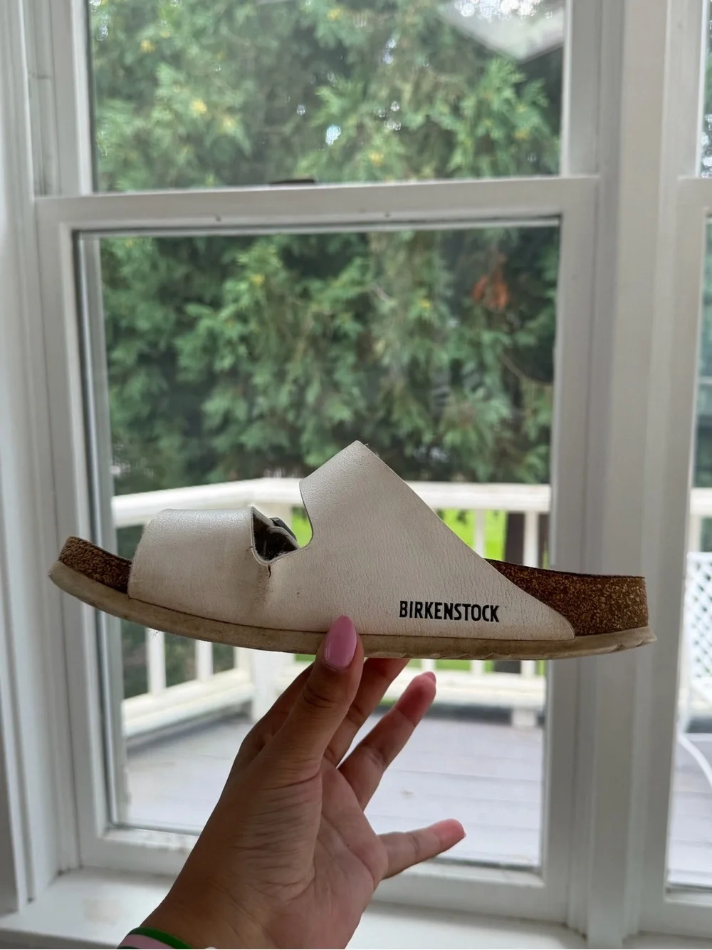 Well worn Birkenstocks Arizona white sandals EU size 38 US size 7